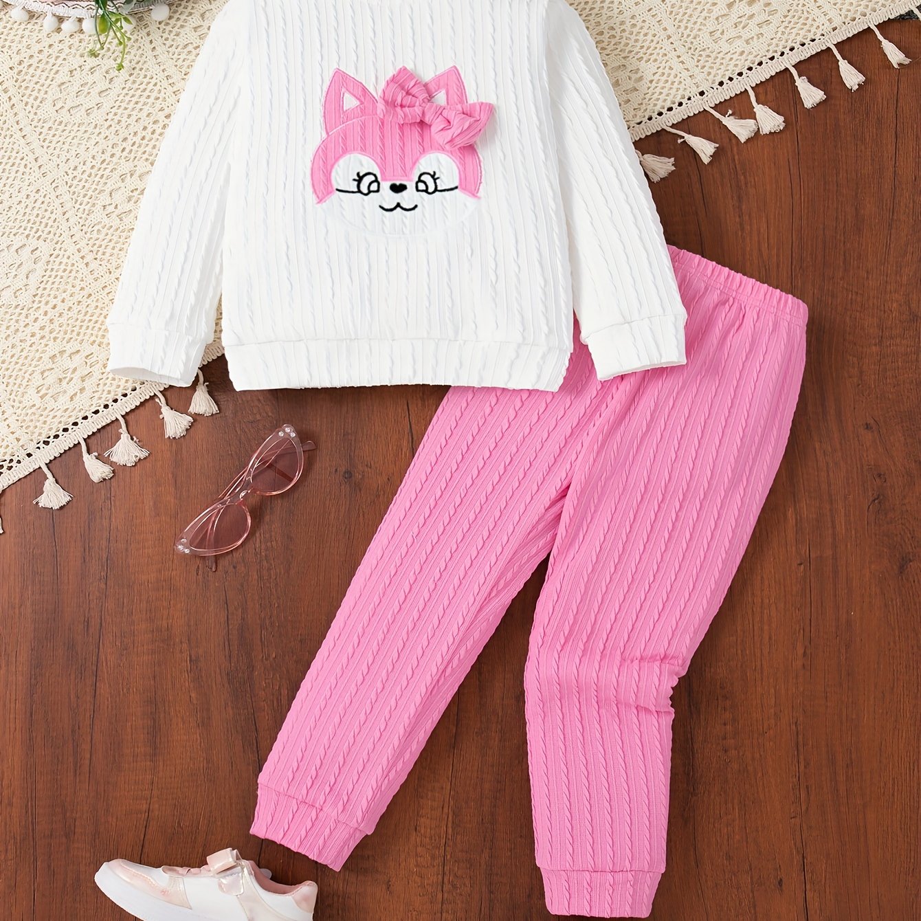 Toddler Girl Cartoon Graphic Bow Front Sweatshirt & Comfy Sweatpants, Kids Clothes For Spring Fall