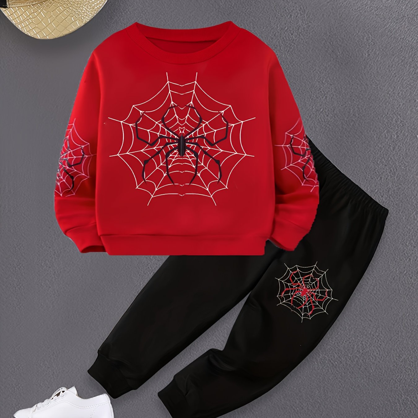2pcs Boys Cartoon Spider Web Print Creative Long Sleeve Sweatshirt & Pants Sets, Kids Clothes Outdoor