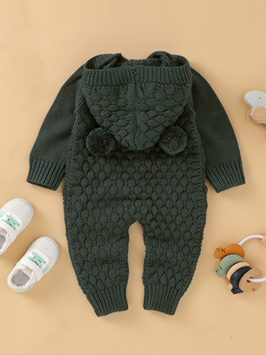 Baby 3D Pom-Pom Hooded Knit Jumpsuit - Soft Green Acrylic Romper with Ruffled Sleeves & Cuffs, Unisex Winter Outfit for &, Baby Winter Clothes, Cozy Baby Wear, Playful Baby Design, Comfortable Snap Closures, Perfect for Outdo