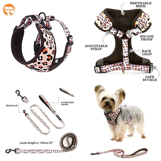 OEM Custom Pattern Leopard Print Breathable Mesh Pet Harness Set With Dog Leash Adjustable Soft Vest Neoprene Dog Harness Set
