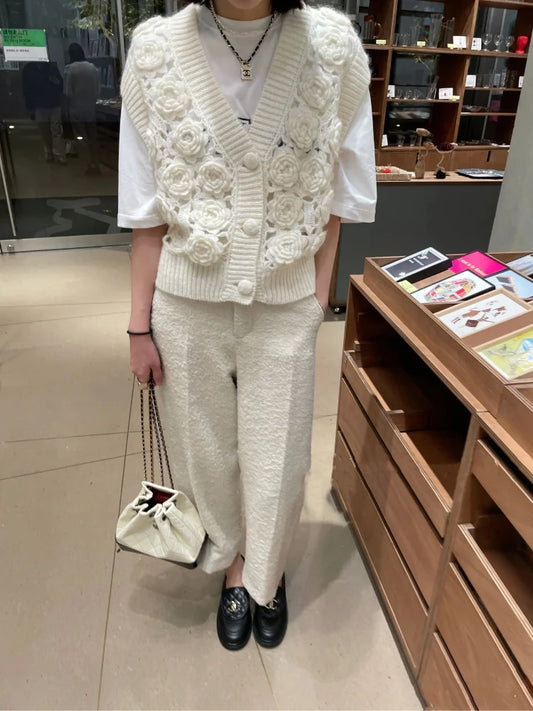 Women Handmade Rose 3D Floral Knit Cardigan Vest Style Feminine Sweater