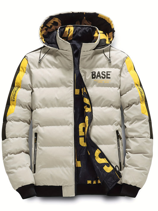Men's Dual-Sided Winter Jacket - Warm Fleece-Lined, Casual Hooded Outerwear with Zipper Pockets, Beige and Black Camouflage Detail, Polyester, Winter Clothes
