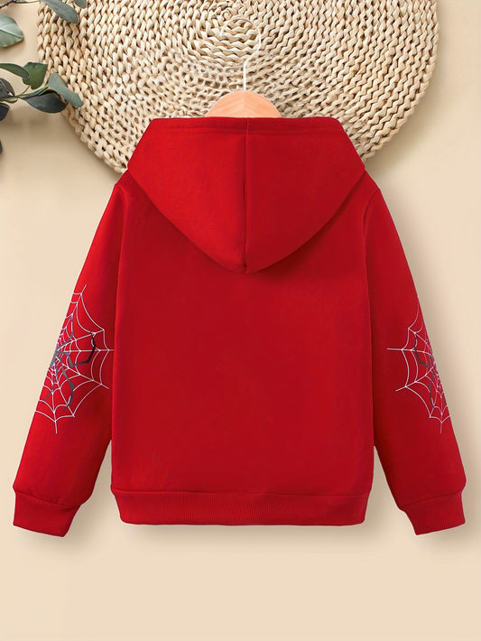 Boys Spider Print Hooded Jacket, Zip Up Warm Fleece Coat, Kids Clothes For Winter & Fall