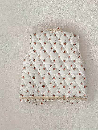 Unisex Winter Vest Jacket - Thick Warm Floral Print with Lace Trim & Cotton Padding, Sleeveless Button Front Closure, Navy Blue & White for &, Winter Clothes