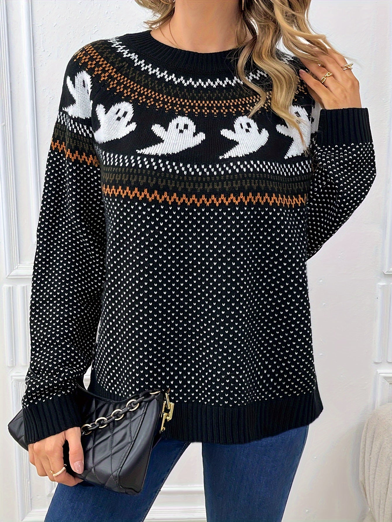 Womens Halloween Ghost Pattern Sweater - Fashionable Long Sleeves, Cozy Crew Neck, Timeless Vintage Style - Premium Autumn/Winter Clothing