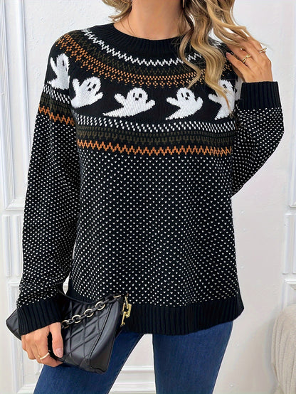 Womens Halloween Ghost Pattern Sweater - Fashionable Long Sleeves, Cozy Crew Neck, Timeless Vintage Style - Premium Autumn/Winter Clothing