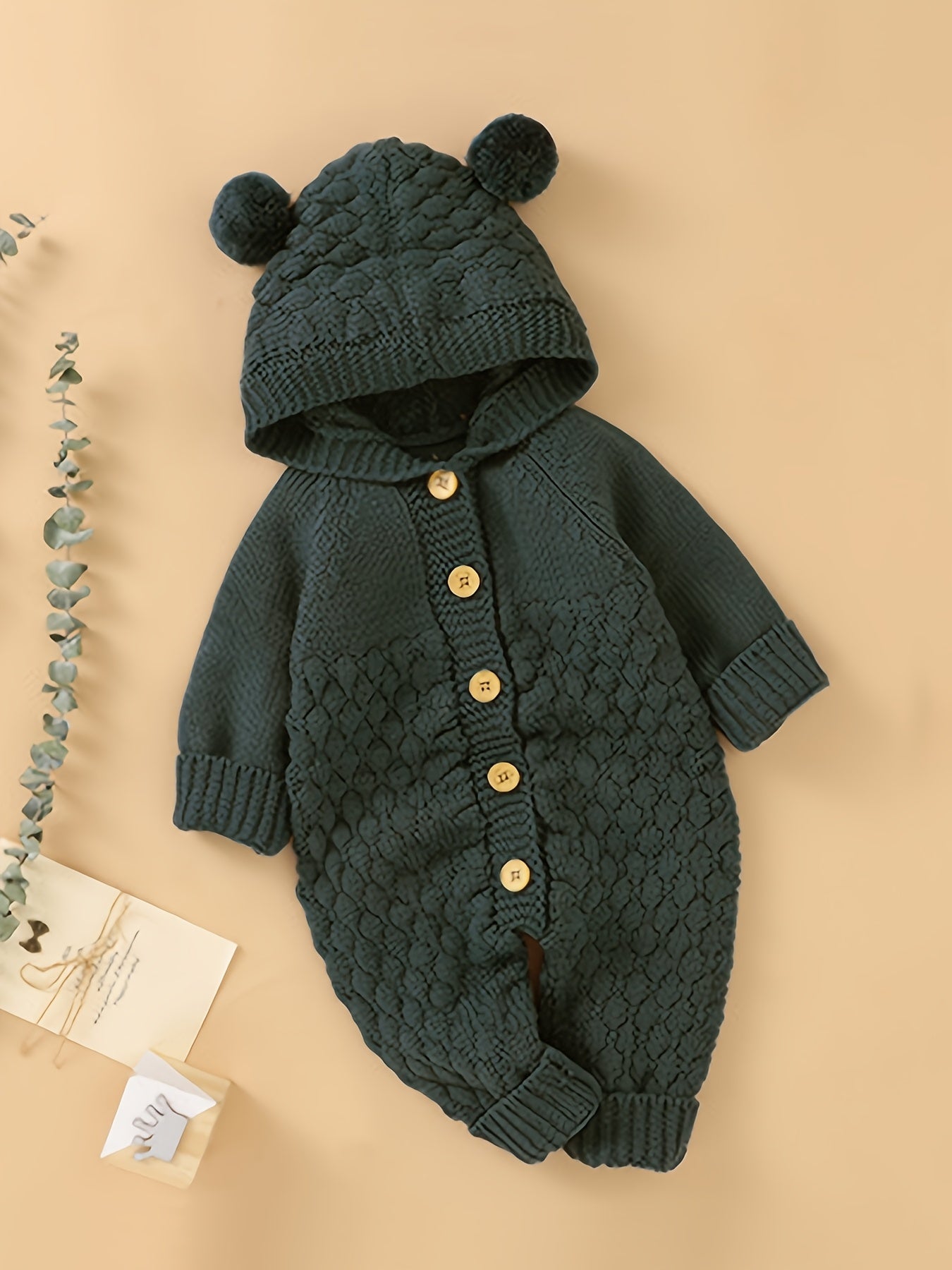 Baby 3D Pom-Pom Hooded Knit Jumpsuit - Soft Green Acrylic Romper with Ruffled Sleeves & Cuffs, Unisex Winter Outfit for &, Baby Winter Clothes, Cozy Baby Wear, Playful Baby Design, Comfortable Snap Closures, Perfect for Outdo