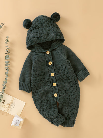 Baby 3D Pom-Pom Hooded Knit Jumpsuit - Soft Green Acrylic Romper with Ruffled Sleeves & Cuffs, Unisex Winter Outfit for &, Baby Winter Clothes, Cozy Baby Wear, Playful Baby Design, Comfortable Snap Closures, Perfect for Outdo