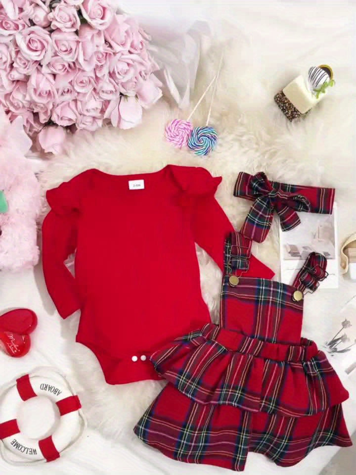 Baby Autumn and Winter Clothing Set Baby Girls 0-18 Months Romper and Plaid Strap Skirt and Headband