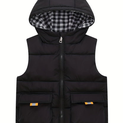 Youth Red Hooded Vest with Large Pockets - Warm Loose Fit Casual Jacket for Fall/Winter, Polyester Filled, Adjustable Hood, Perfect for Outdoor Play, Winter Clothing, Playful Design, Durable Fabric