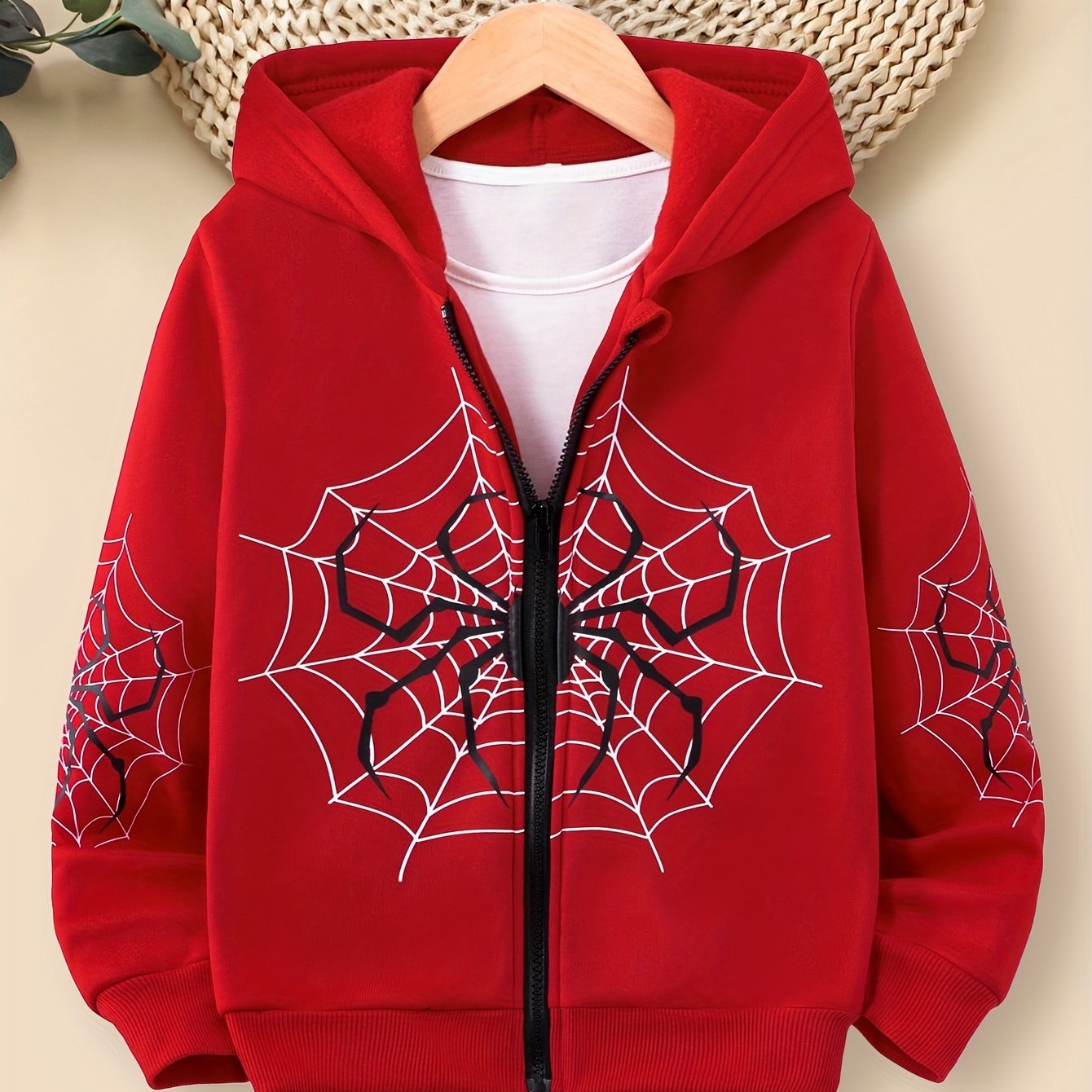 Boys Spider Print Hooded Jacket, Zip Up Warm Fleece Coat, Kids Clothes For Winter & Fall