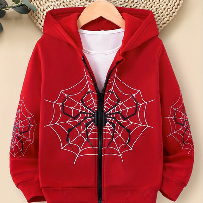 Boys Spider Print Hooded Jacket, Zip Up Warm Fleece Coat, Kids Clothes For Winter & Fall