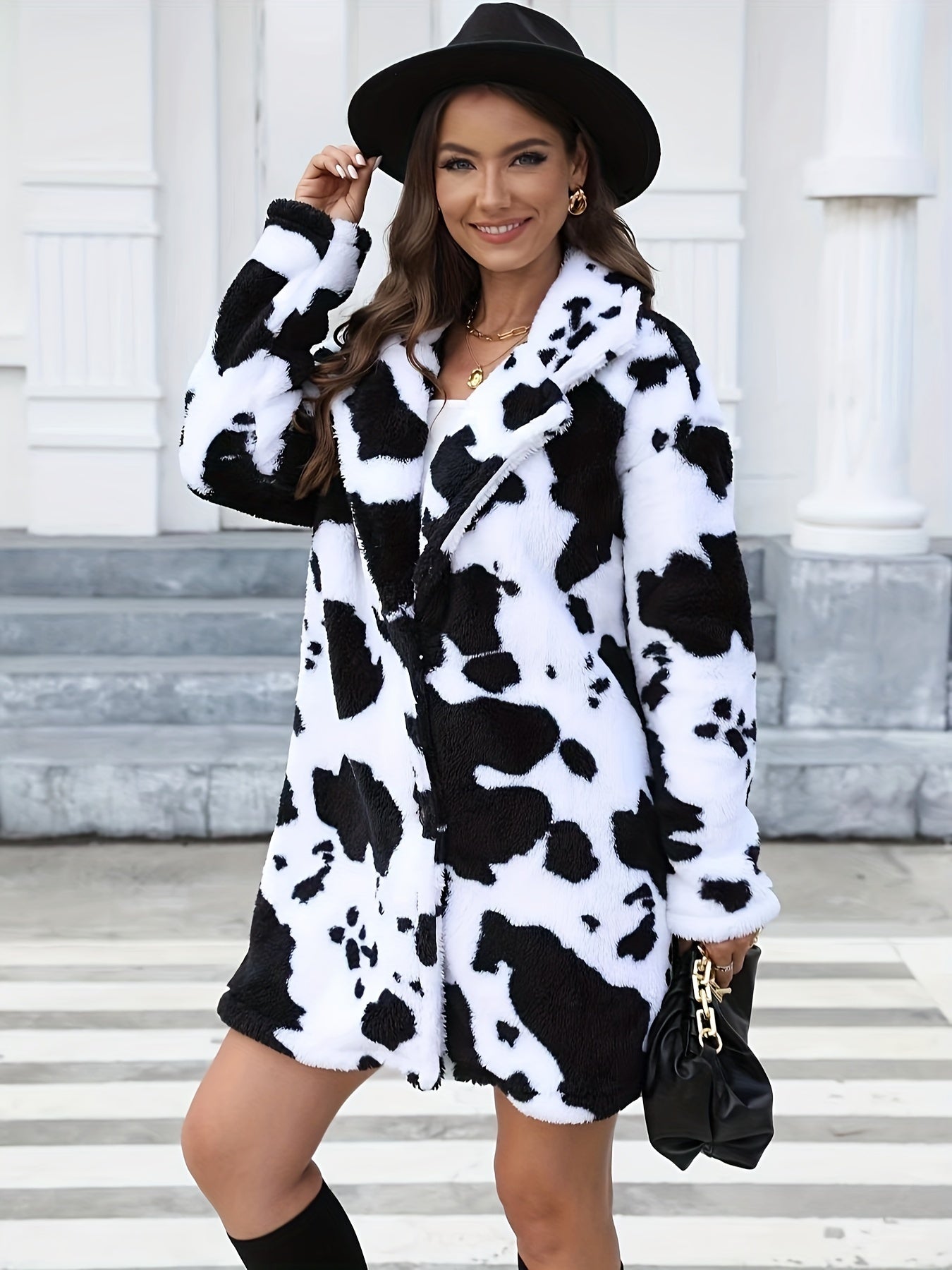 [Dalmatian Print Thermal Coat] Thermal Long Sleeve Dalmatian Print Plush Lapel Coat - Women's Fall & Winter Clothing