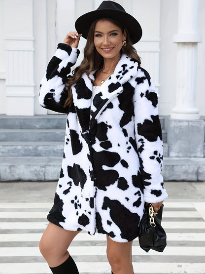 [Dalmatian Print Thermal Coat] Thermal Long Sleeve Dalmatian Print Plush Lapel Coat - Women's Fall & Winter Clothing