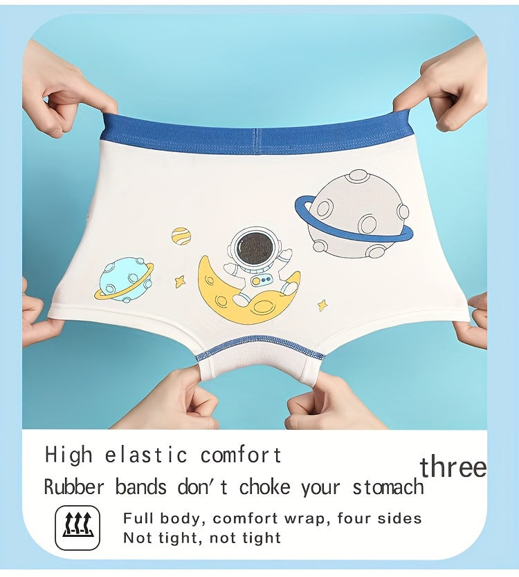 4pcs Kid & Teen Boy's Cotton Boxer Briefs, Cute Cartoon Astronaut Pattern Print Shorts, Comfy Breathable Soft Underwear, Kids Clothes Suitable For All Seasons