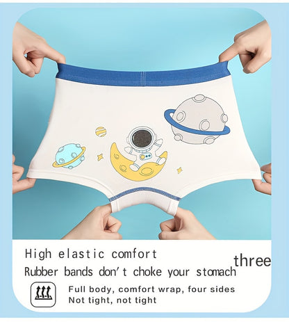 4pcs Kid & Teen Boy's Cotton Boxer Briefs, Cute Cartoon Astronaut Pattern Print Shorts, Comfy Breathable Soft Underwear, Kids Clothes Suitable For All Seasons