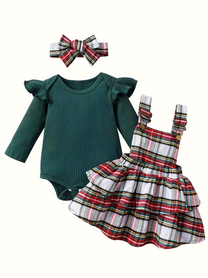 Baby Autumn and Winter Clothing Set Baby Girls 0-18 Months Romper and Plaid Strap Skirt and Headband