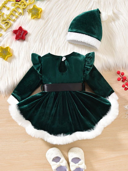 2pcs Set Baby Girls' Soft Plush Patchwork Christmas Romper Dress & Hat Set - Blue & White Winter Outfit with Ruffled Sleeves, Snap Closure Jumpsuit, Machine Washable Winter Clothes for &, Festive Outfit for Christmas Photos &