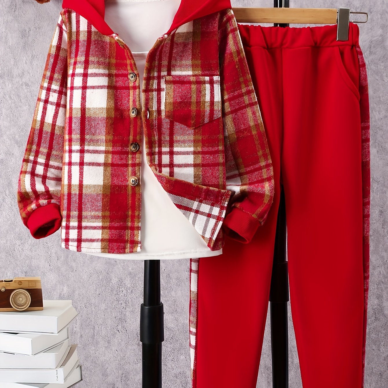 Trendy Girls' 2pcs Outfits, Plaid Hooded Shirt & Jogger Pants with Pocket, Comfy Sets Kids Clothes for Fall Sports