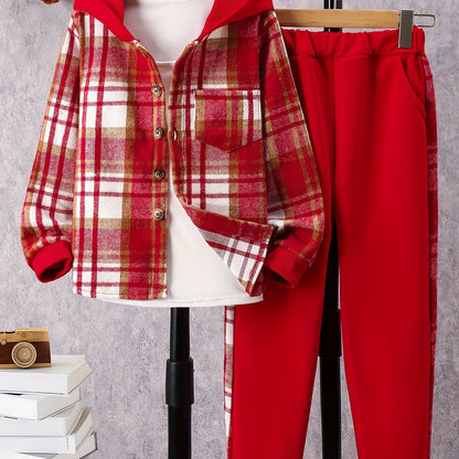 Trendy Girls' 2pcs Outfits, Plaid Hooded Shirt & Jogger Pants with Pocket, Comfy Sets Kids Clothes for Fall Sports