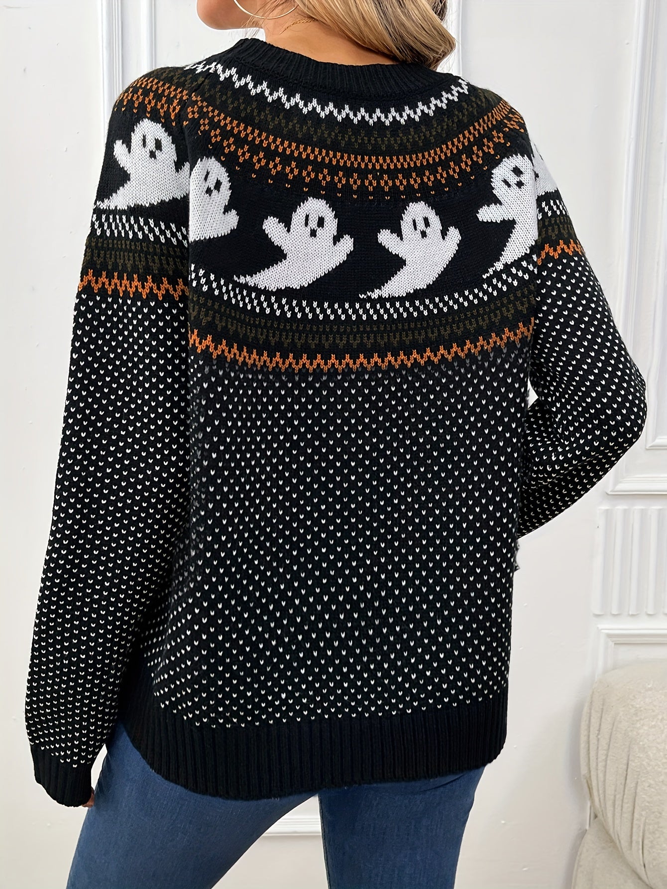 Womens Halloween Ghost Pattern Sweater - Fashionable Long Sleeves, Cozy Crew Neck, Timeless Vintage Style - Premium Autumn/Winter Clothing