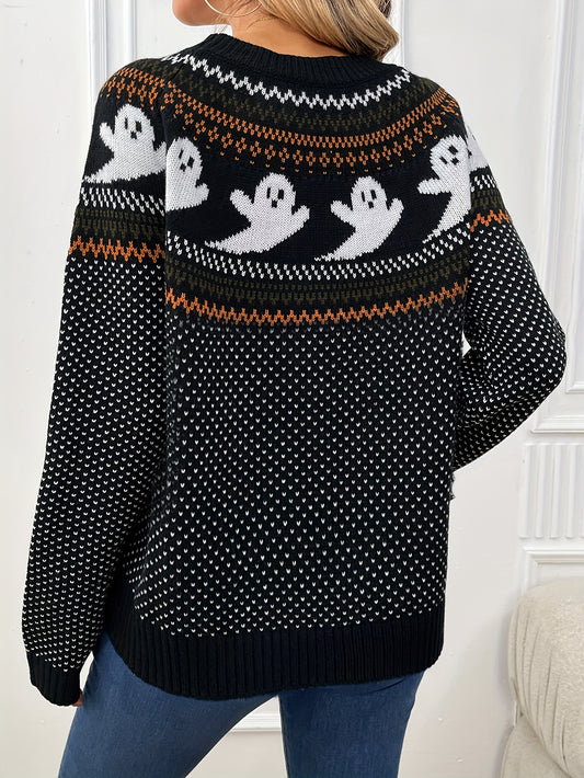 Womens Halloween Ghost Pattern Sweater - Fashionable Long Sleeves, Cozy Crew Neck, Timeless Vintage Style - Premium Autumn/Winter Clothing