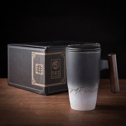 1pc Exquisite Ceramic Tea Cup with Infuser and Lid - 350ml/11.8oz Handmade Coffee/Tea Mug with Wooden Handle, Retro Traditional Tea Brewing Cup with Strainer, Matte Stoneware Loose Tea Steeping Mug for Business Gift, Home, Of