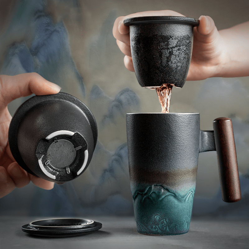 1pc Exquisite Ceramic Tea Cup with Infuser and Lid - 350ml/11.8oz Handmade Coffee/Tea Mug with Wooden Handle, Retro Traditional Tea Brewing Cup with Strainer, Matte Stoneware Loose Tea Steeping Mug for Business Gift, Home, Of