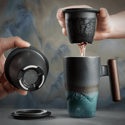 1pc Exquisite Ceramic Tea Cup with Infuser and Lid - 350ml/11.8oz Handmade Coffee/Tea Mug with Wooden Handle, Retro Traditional Tea Brewing Cup with Strainer, Matte Stoneware Loose Tea Steeping Mug for Business Gift, Home, Of