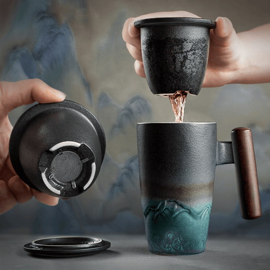 1pc Exquisite Ceramic Tea Cup with Infuser and Lid - 350ml/11.8oz Handmade Coffee/Tea Mug with Wooden Handle, Retro Traditional Tea Brewing Cup with Strainer, Matte Stoneware Loose Tea Steeping Mug for Business Gift, Home, Of
