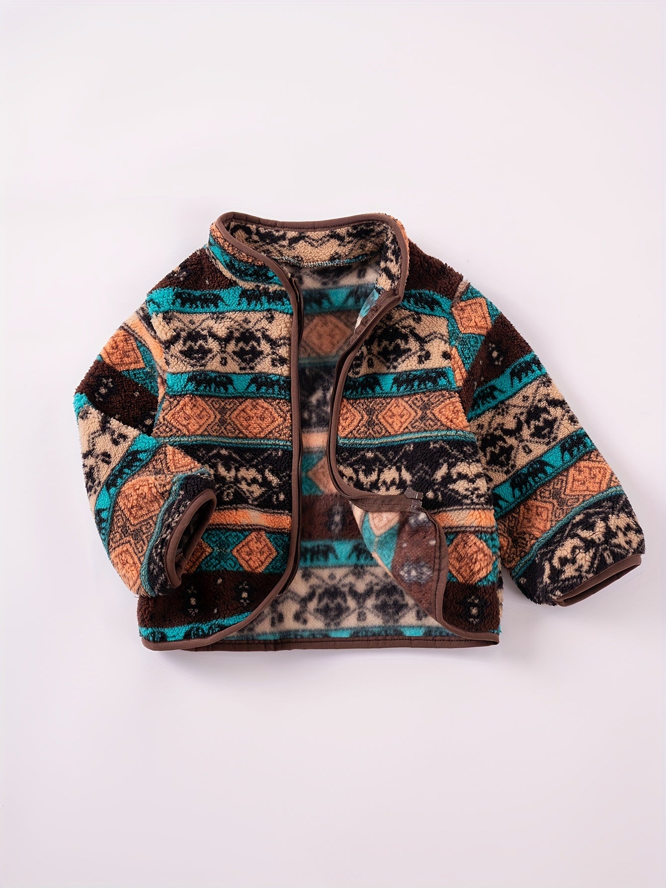Girls' Cozy Fleece Jacket with Boho Pattern - Warm & Stylish Zip-Up Winter Coat, Polyester, Machine Washable - Sizes XS117, Winter Clothes for Girls