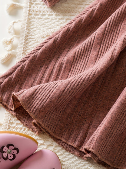 Toddler Girl Long Sleeve Knit Dress For Baby Girls Casual Kids Clothes Soft Slight Stretch Fabric, Button Decor Pleated Hem Perfect For Autumn Winter Seasons