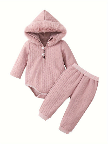 Baby Winter Clothing Set, Baby Girl Hooded Long-Sleeved Jumpsuit + Long Pants Two-Piece Set, for Outdoor
