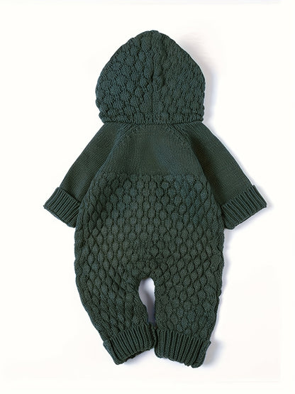 Baby 3D Pom-Pom Hooded Knit Jumpsuit - Soft Green Acrylic Romper with Ruffled Sleeves & Cuffs, Unisex Winter Outfit for &, Baby Winter Clothes, Cozy Baby Wear, Playful Baby Design, Comfortable Snap Closures, Perfect for Outdo