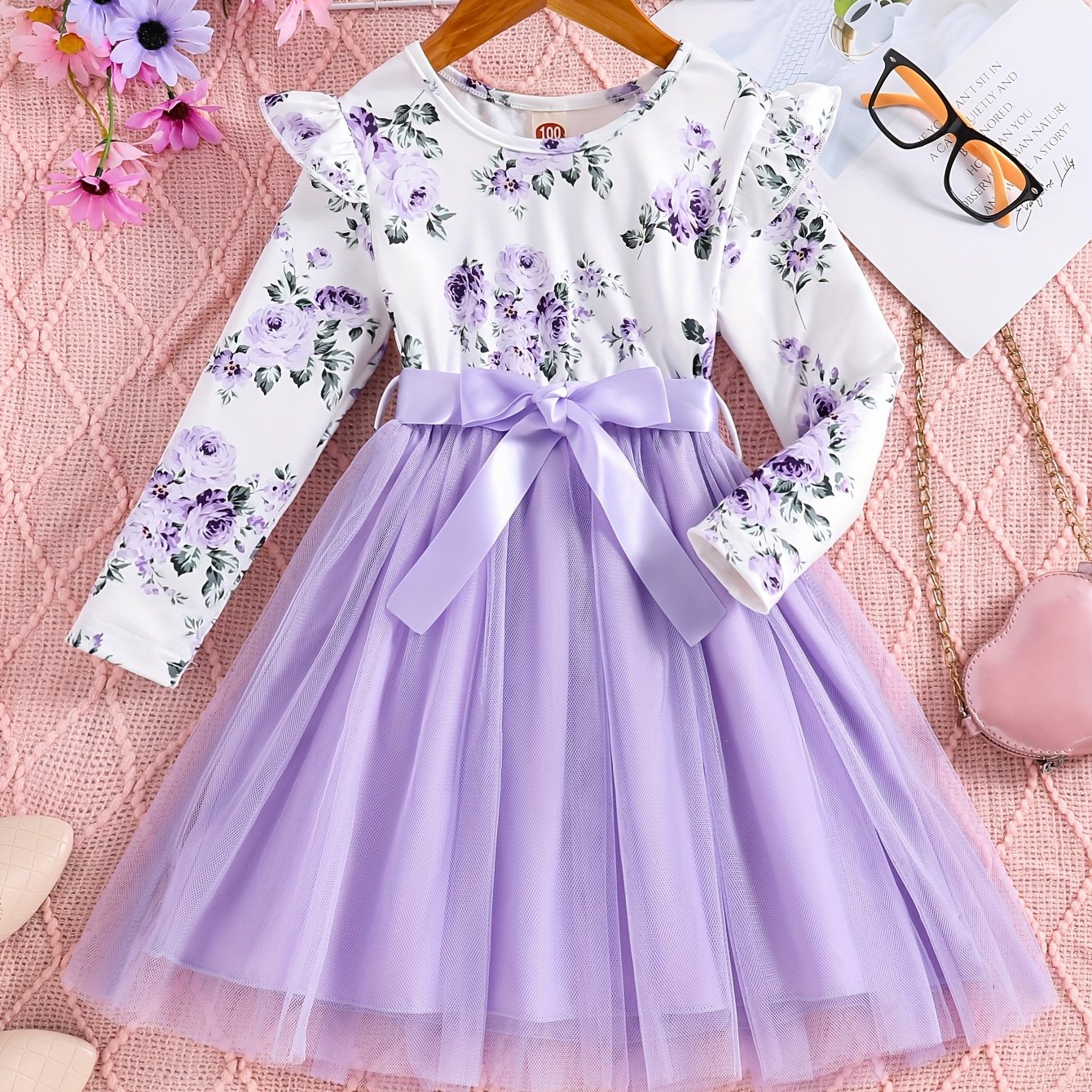 Girls Splicing Flora Print Flutter Trim Tutu Dress Kids Clothes Spring Fall Gift
