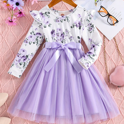 Girls Splicing Flora Print Flutter Trim Tutu Dress Kids Clothes Spring Fall Gift