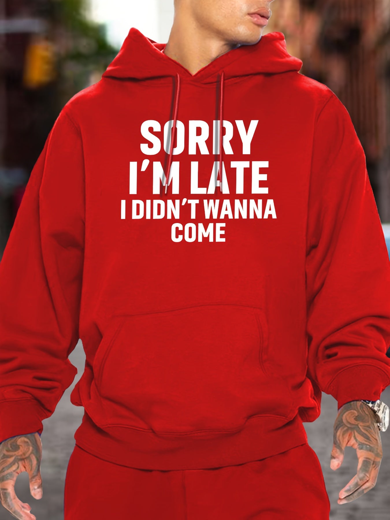 Casual Long Sleeve Hoodies - Sorry I'm Late I Didn't Wanna Come Print Kangaroo Pocket Hoodie - Pullover Sweatshirt for Men, Fall Winter Clothing