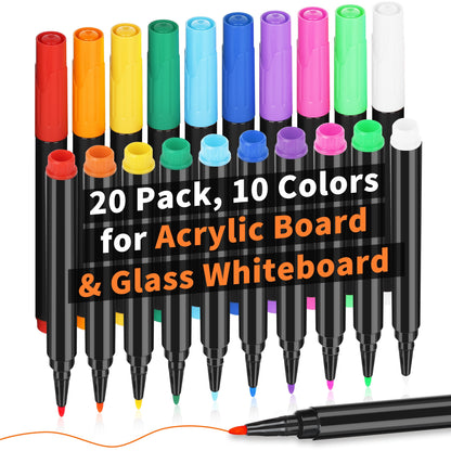 20 Vibrant Liquid Chalk Markers - Ultra Fine Point, Erasable, Wet Erase, Dry Erase Board Compatible, Non-Toxic, Quick-Drying, and Reversible for Acrylic Fridge Calendar, Clear Glass, Refrigerator White Board, Mirror, and Wind