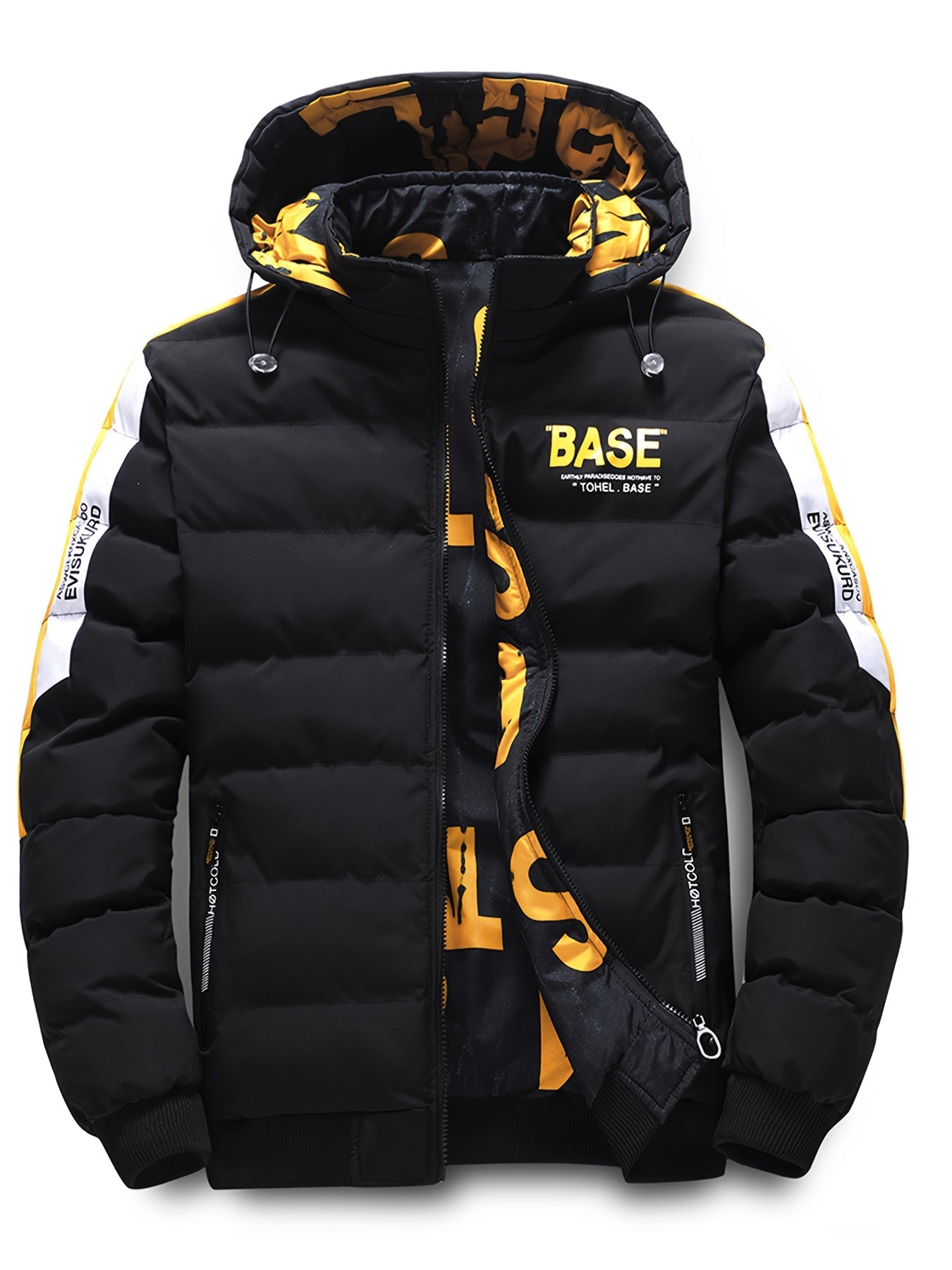 Men's Dual-Sided Winter Jacket - Warm Fleece-Lined, Casual Hooded Outerwear with Zipper Pockets, Beige and Black Camouflage Detail, Polyester, Winter Clothes
