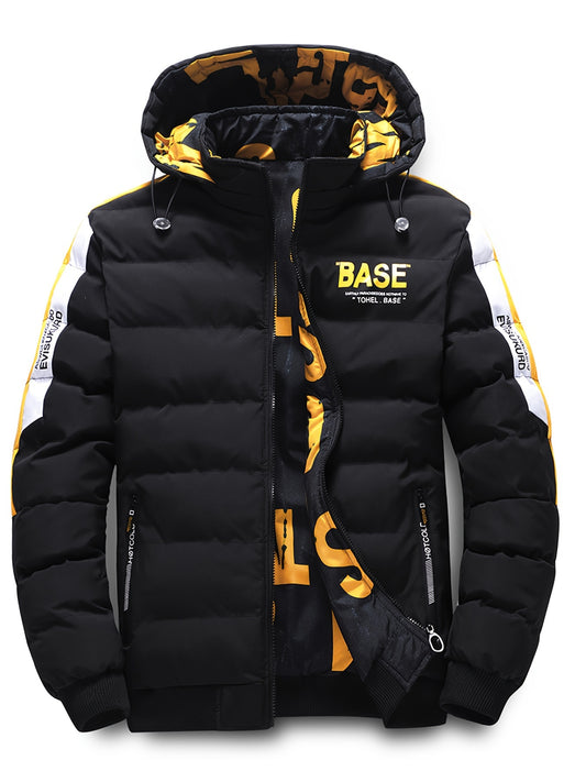 Men's Dual-Sided Winter Jacket - Warm Fleece-Lined, Casual Hooded Outerwear with Zipper Pockets, Beige and Black Camouflage Detail, Polyester, Winter Clothes