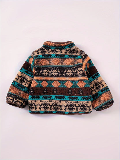 Girls' Cozy Fleece Jacket with Boho Pattern - Warm & Stylish Zip-Up Winter Coat, Polyester, Machine Washable - Sizes XS117, Winter Clothes for Girls