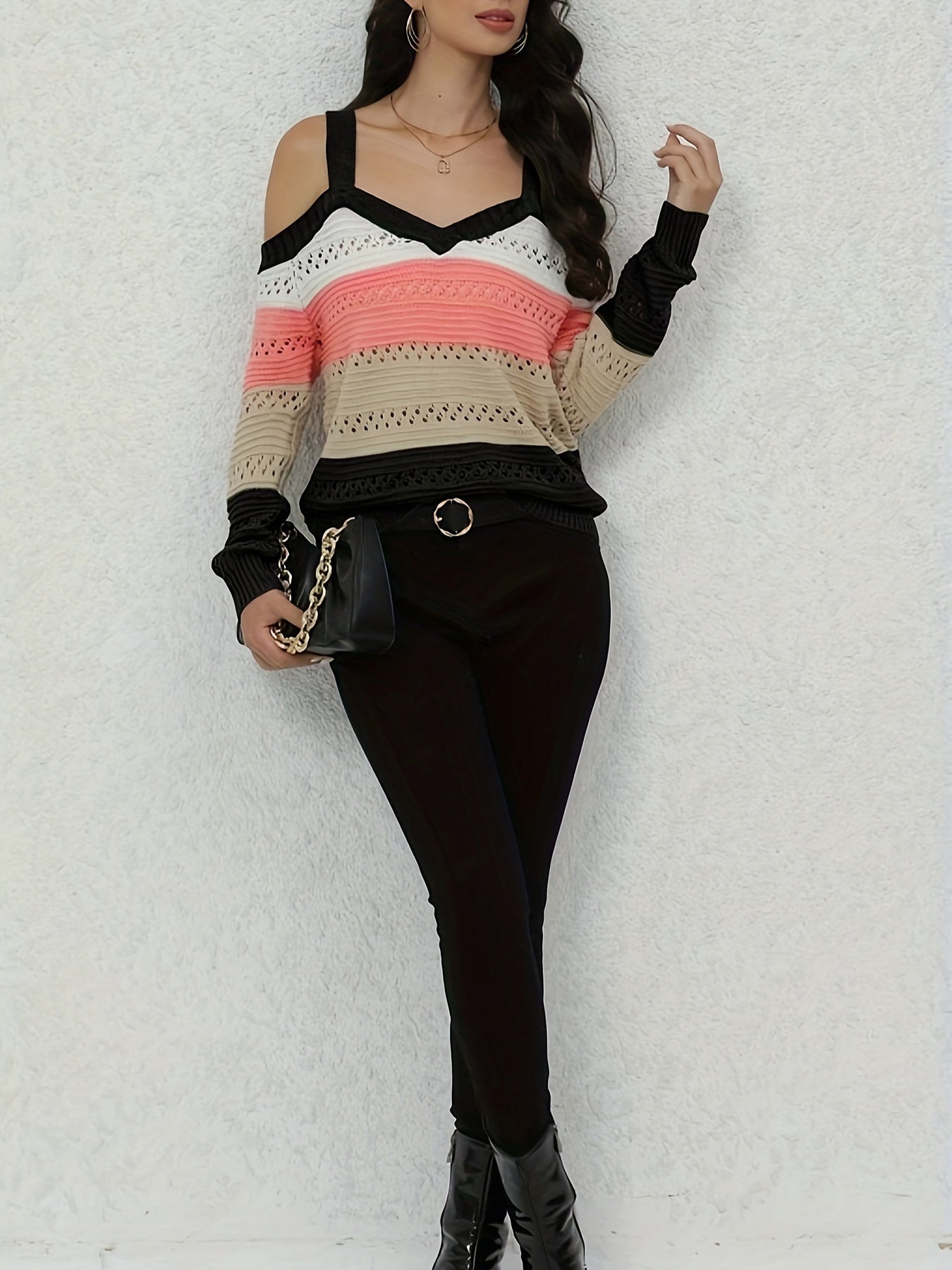 Chic Striped Long Sleeve Cold Shoulder Sweater - Soft, Cozy, Relaxed Fit Pullover for Women - Casual, Versatile, and Comfortable Winter Clothing