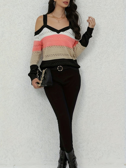 Chic Striped Long Sleeve Cold Shoulder Sweater - Soft, Cozy, Relaxed Fit Pullover for Women - Casual, Versatile, and Comfortable Winter Clothing