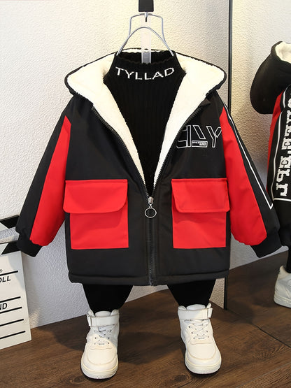 Boys Fashionable Letter Print Color Block Fleece Lining Hooded Jacket With Pockets, Long Sleeve Zip Up Jacket, Kids Clothes For Fall Winter Outdoor