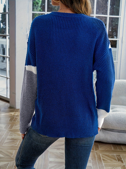 Blue Grey White Black Women's Color-Block Drop Shoulder Sweater - Soft Long Sleeve Round Neck Pullover with Geometric Pattern, Relaxed Fit Casual Winter Fall Sweater, Winter Clothing, Textured Fabric
