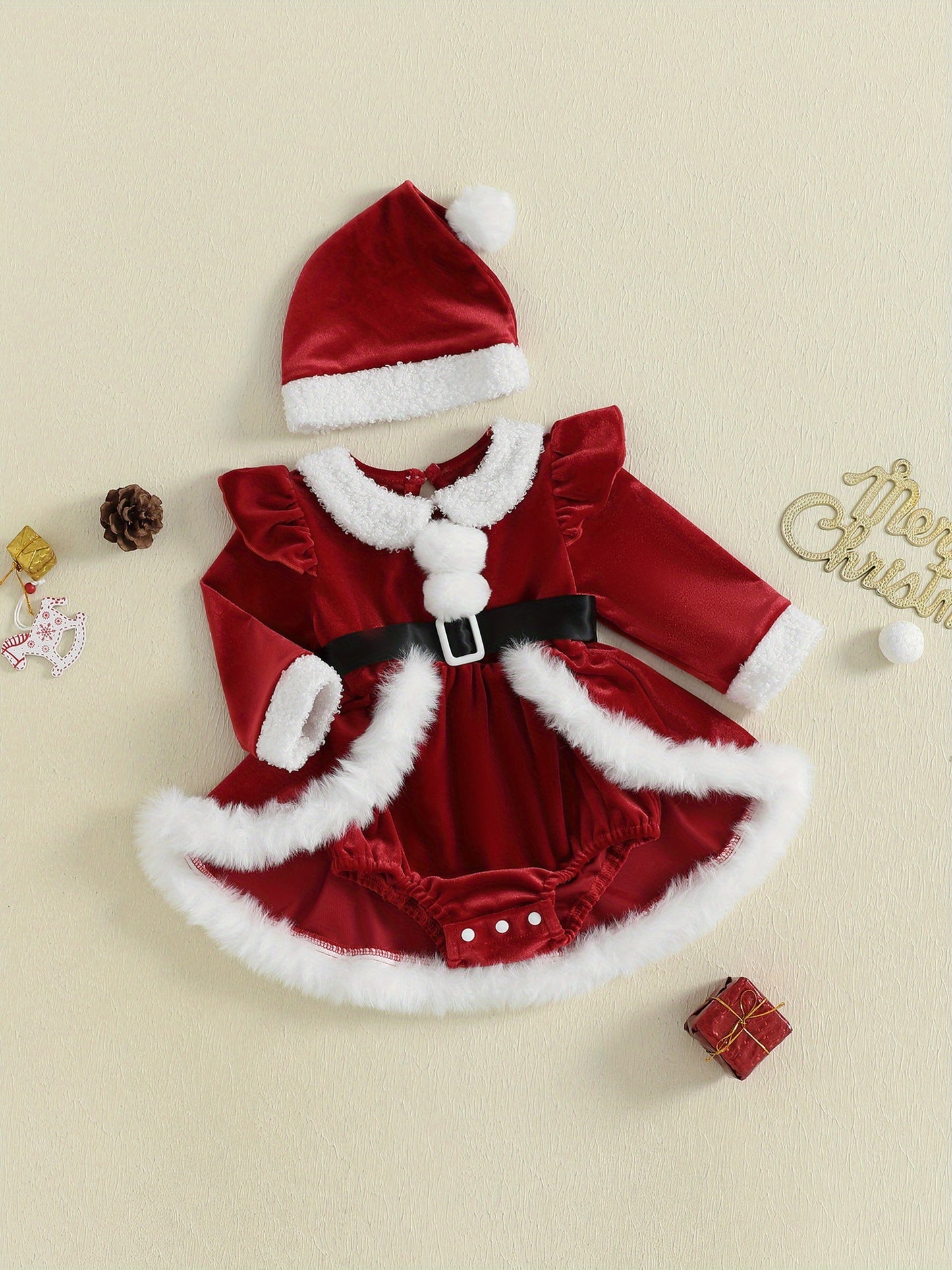 2pcs Set Baby Girls' Soft Plush Patchwork Christmas Romper Dress & Hat Set - Blue & White Winter Outfit with Ruffled Sleeves, Snap Closure Jumpsuit, Machine Washable Winter Clothes for &, Festive Outfit for Christmas Photos &