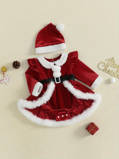 2pcs Set Baby Girls' Soft Plush Patchwork Christmas Romper Dress & Hat Set - Blue & White Winter Outfit with Ruffled Sleeves, Snap Closure Jumpsuit, Machine Washable Winter Clothes for &, Festive Outfit for Christmas Photos &