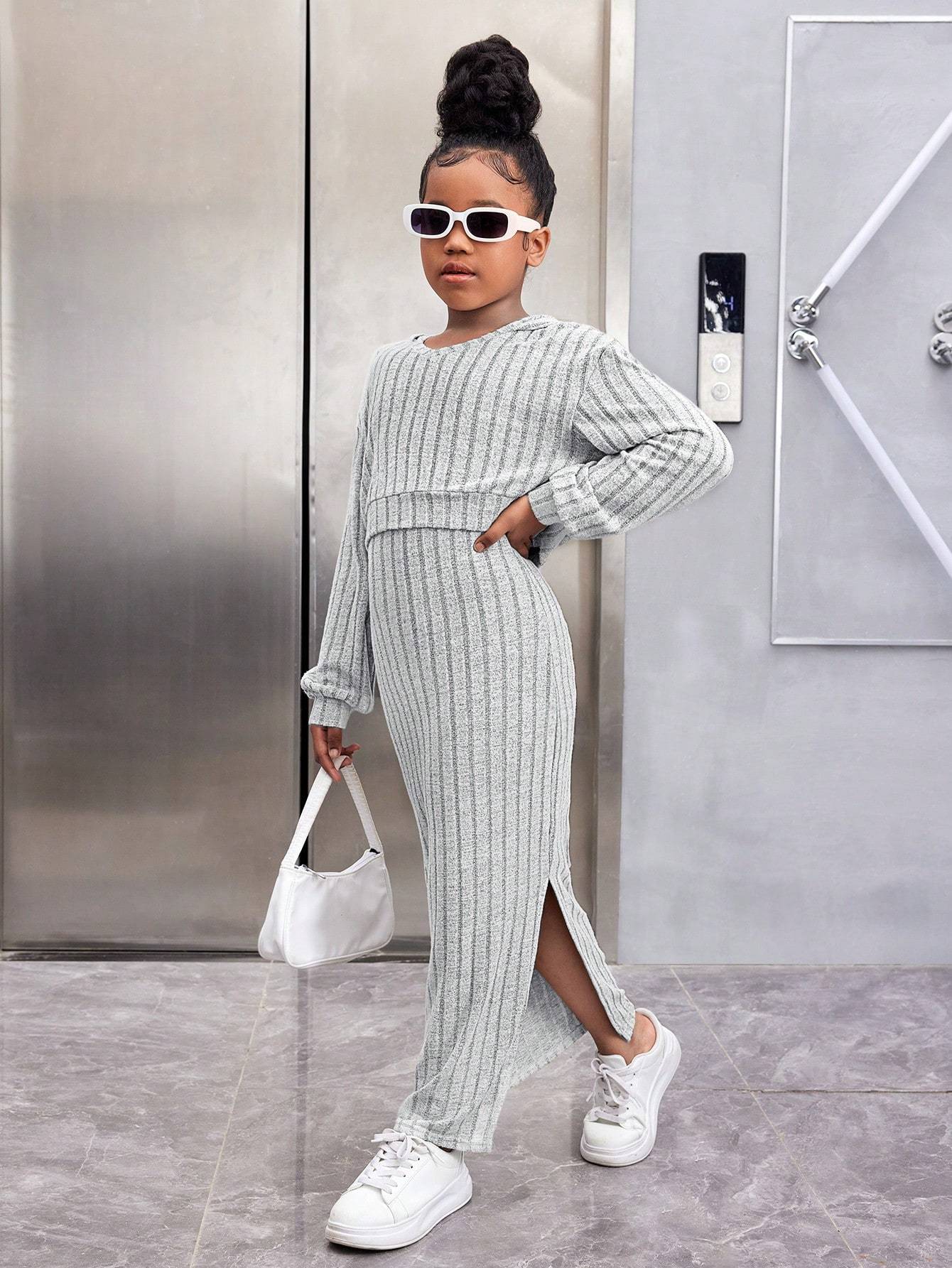 Tween Fashion Casual Versatile Velvet Ribbed V-Neck Hooded Loose Crop Top & Fitted Long Dress 2pcs Set, Perfect for: Young Teens, Style: Fashion, Season: Fall/Winter, Fall Winter Clothing, Stylish Outfit, Trendy Fashion, Qual