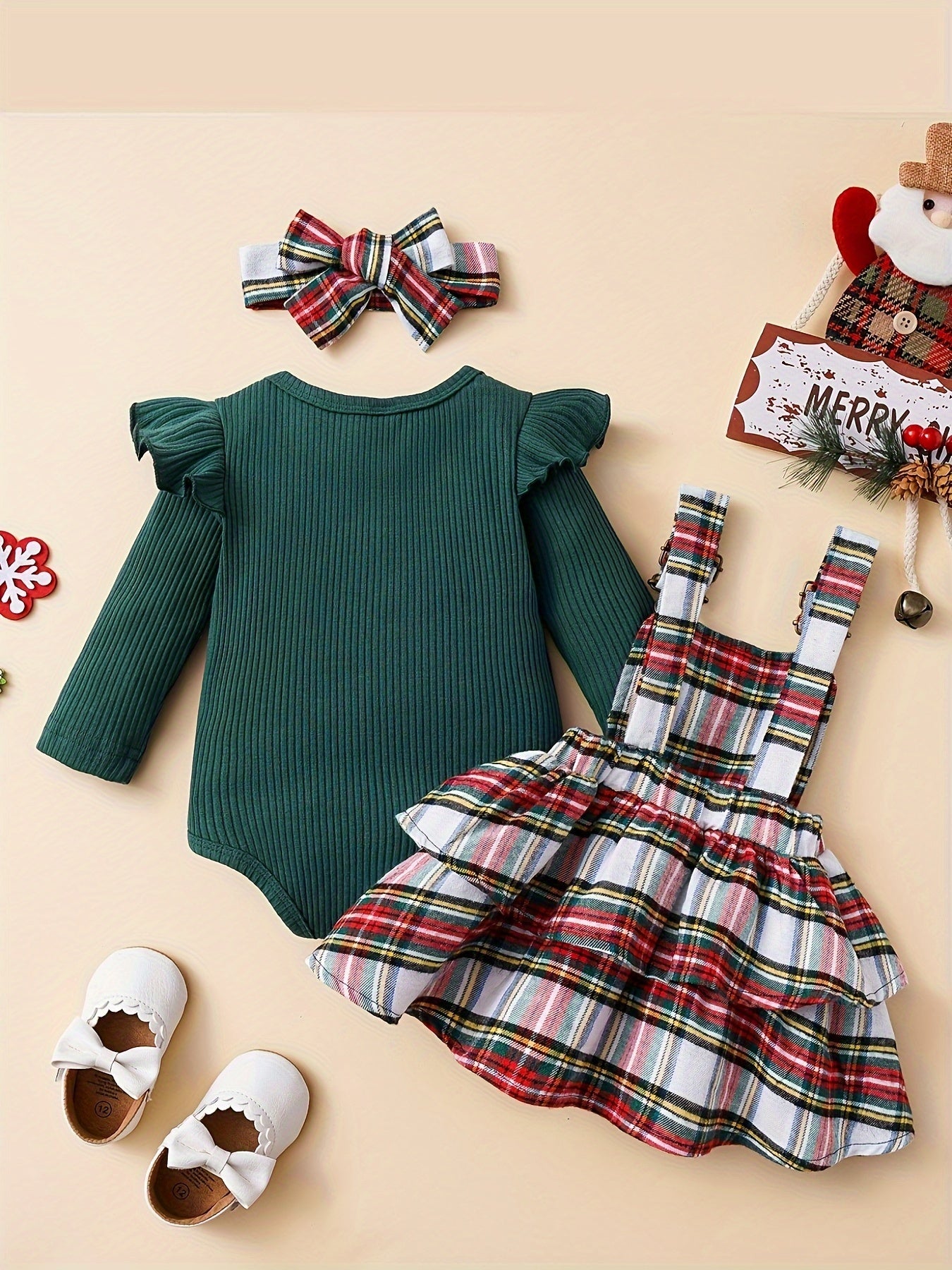 Baby Autumn and Winter Clothing Set Baby Girls 0-18 Months Romper and Plaid Strap Skirt and Headband