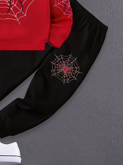 2pcs Boys Cartoon Spider Web Print Creative Long Sleeve Sweatshirt & Pants Sets, Kids Clothes Outdoor
